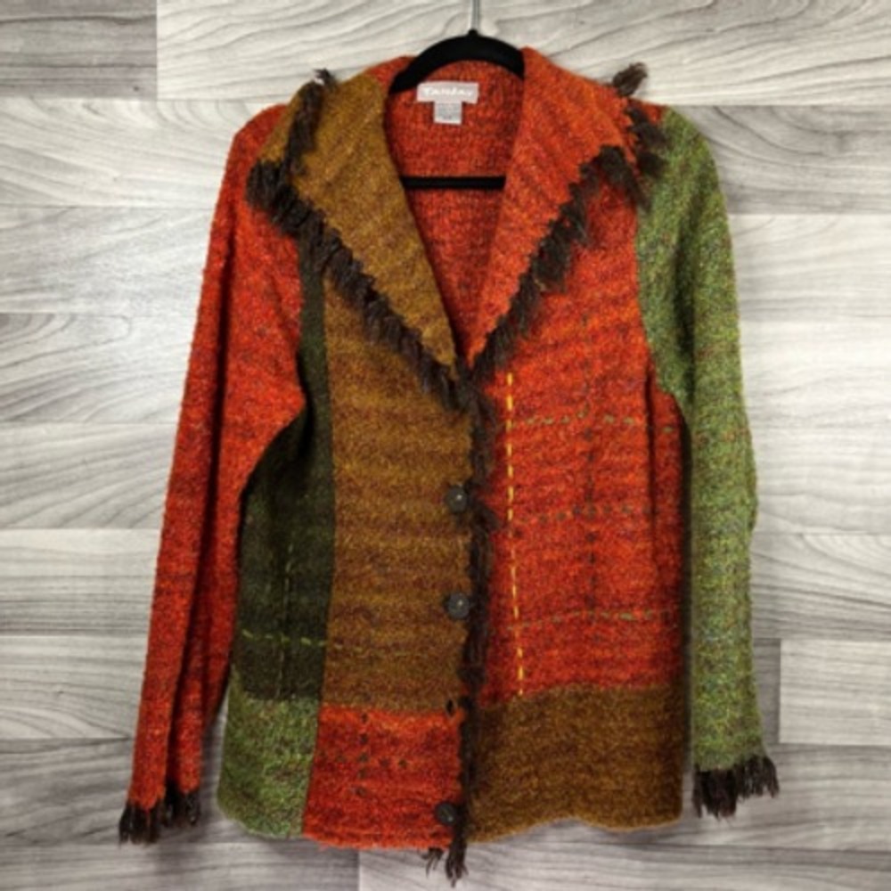 TanJay Womens Cardigan Sweater Multicolor Color Block Fringes Collared Button M‎ - Picture 4 of 12